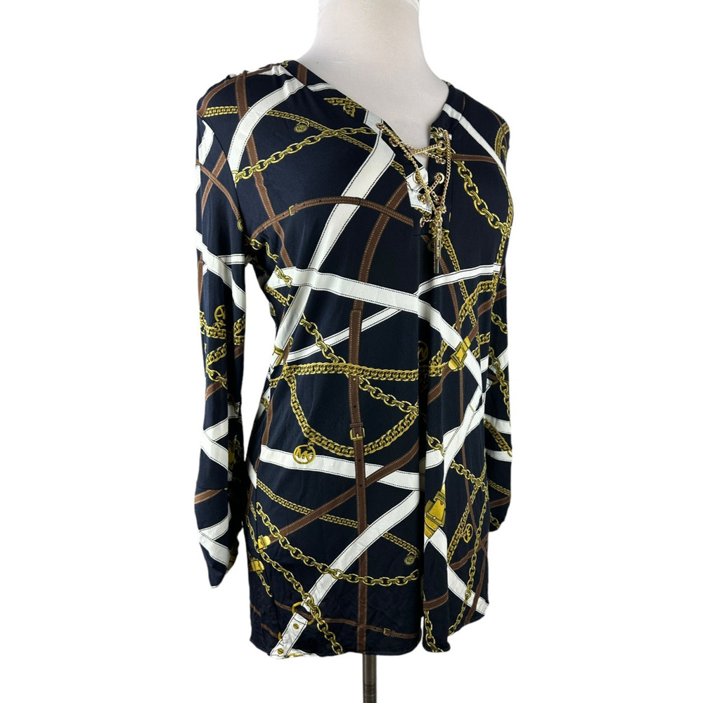 Michael Kors Chain Belt Print Mini Dress or Tunic Top Large Black Gold *No Belt - Picture 3 of 16